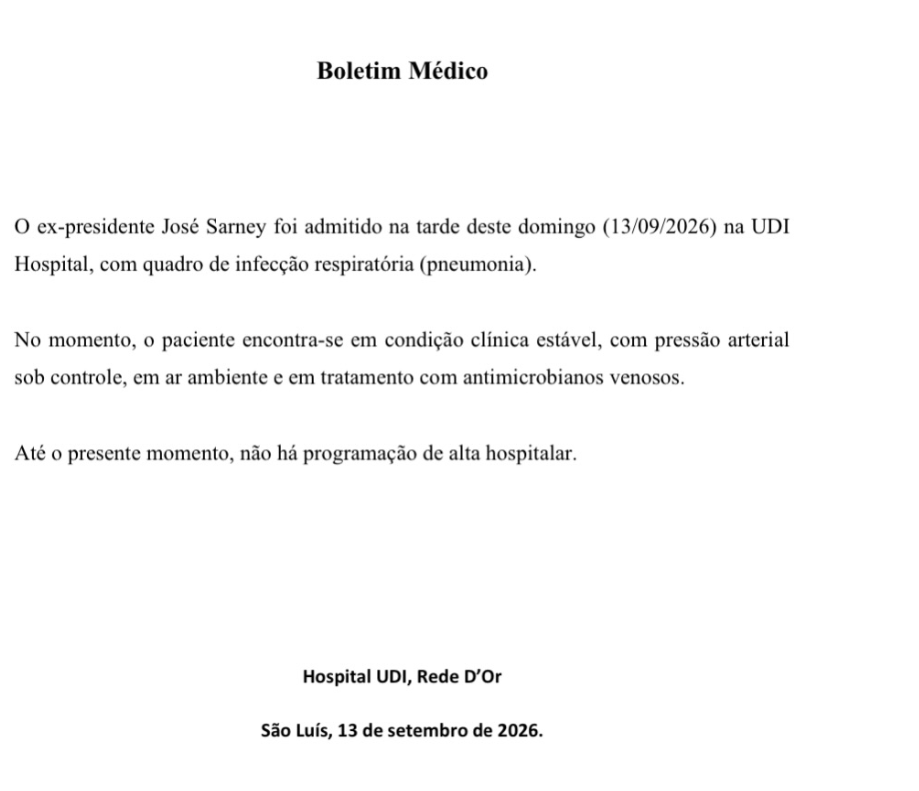 Ex-presidente José Sarney é internado com pneumonia aos 96 anos Ex-presidente José Sarney é internado com pneumonia aos 96 anos