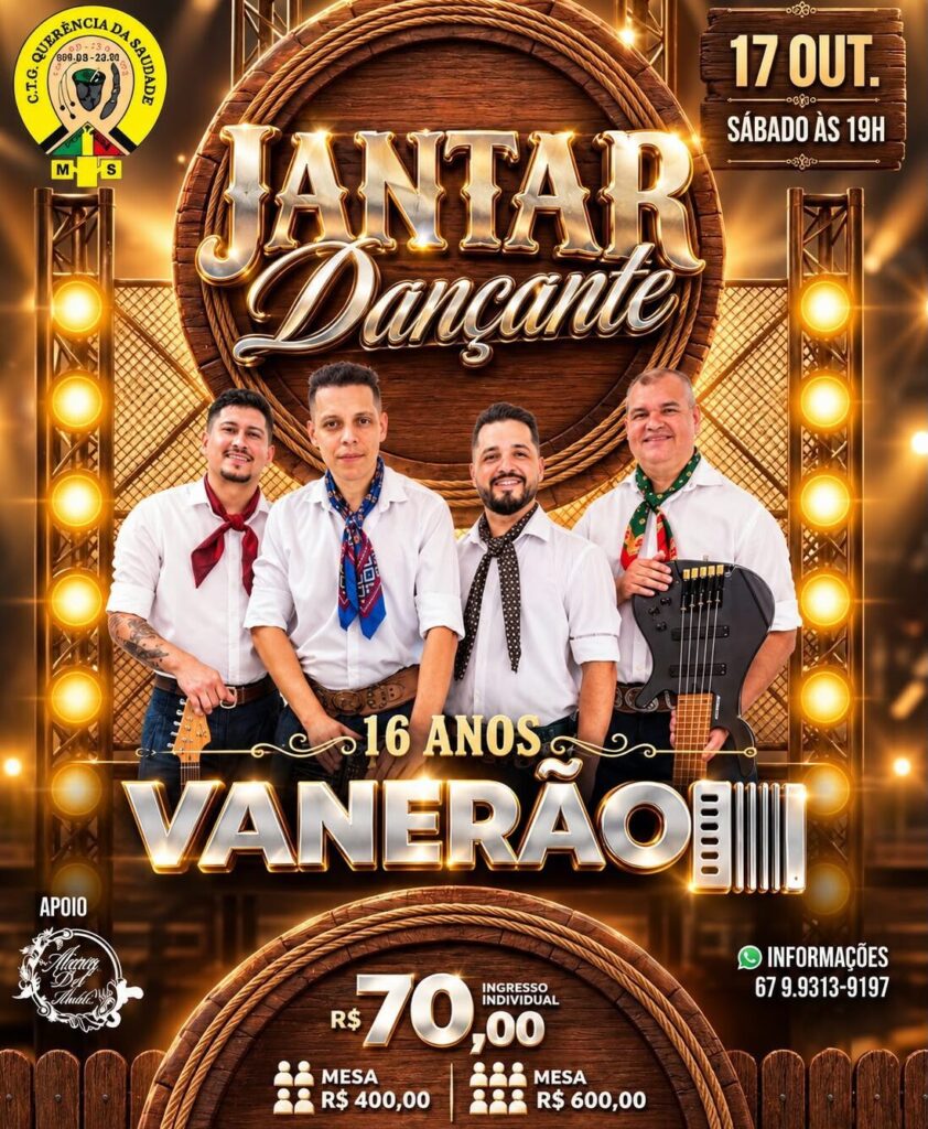 Ponta Porã: CTG Querência da Saudade promove jantar dançante com o Grupo Vanerão Ponta Porã: CTG Querência da Saudade promove jantar dançante com o Grupo Vanerão