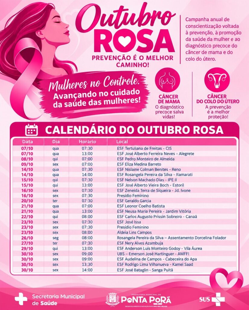 Prefeitura de Ponta Porã desenvolve campanha Outubro Rosa nas Unidades Básicas de Saúde Prefeitura de Ponta Porã desenvolve campanha Outubro Rosa nas Unidades Básicas de Saúde